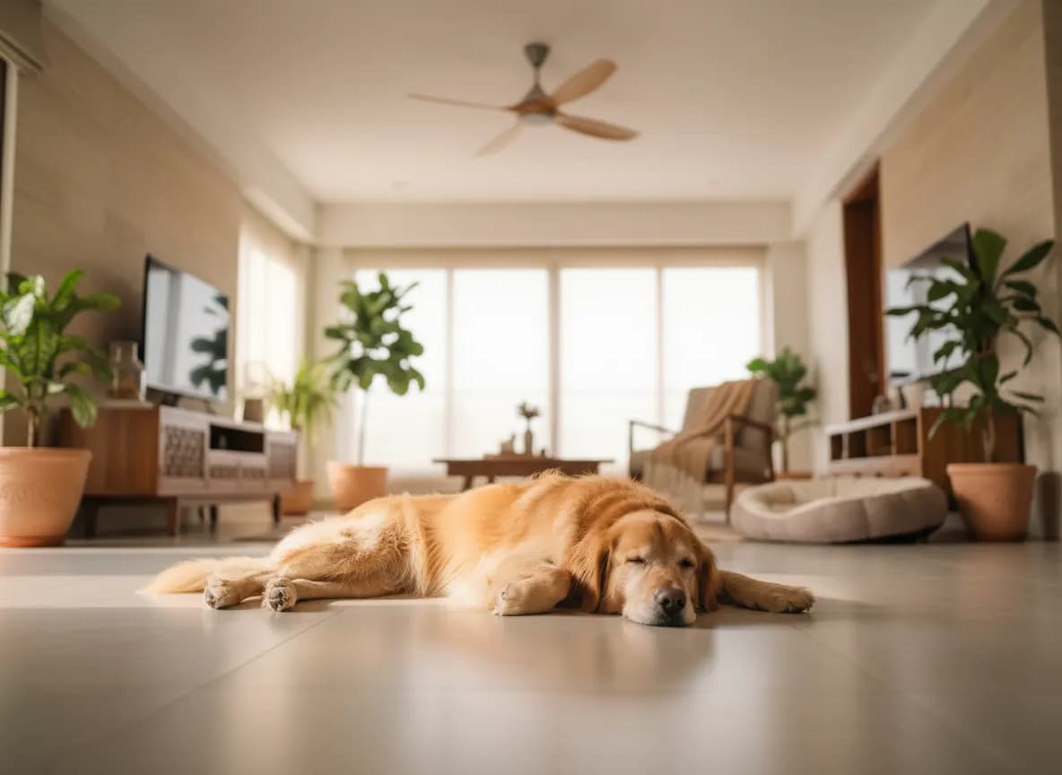 A dog resting on a cool tiled floor under a ceiling fan