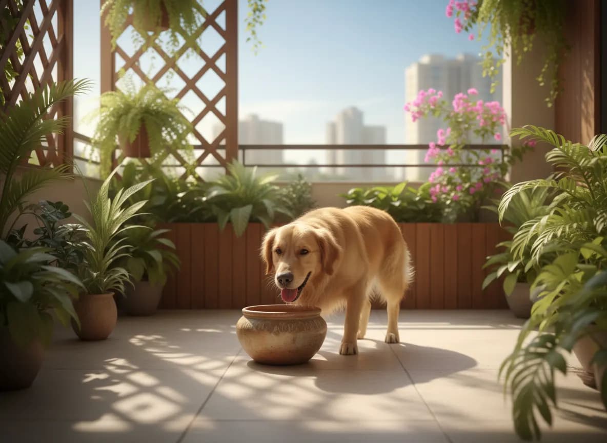 A dog drinking from a ceramic water bowl in the shade on a sunlit Indian apartment balcony