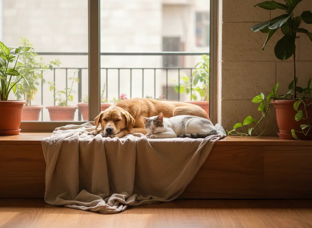 A dog and a cat resting together on a linen throw by a sunny window