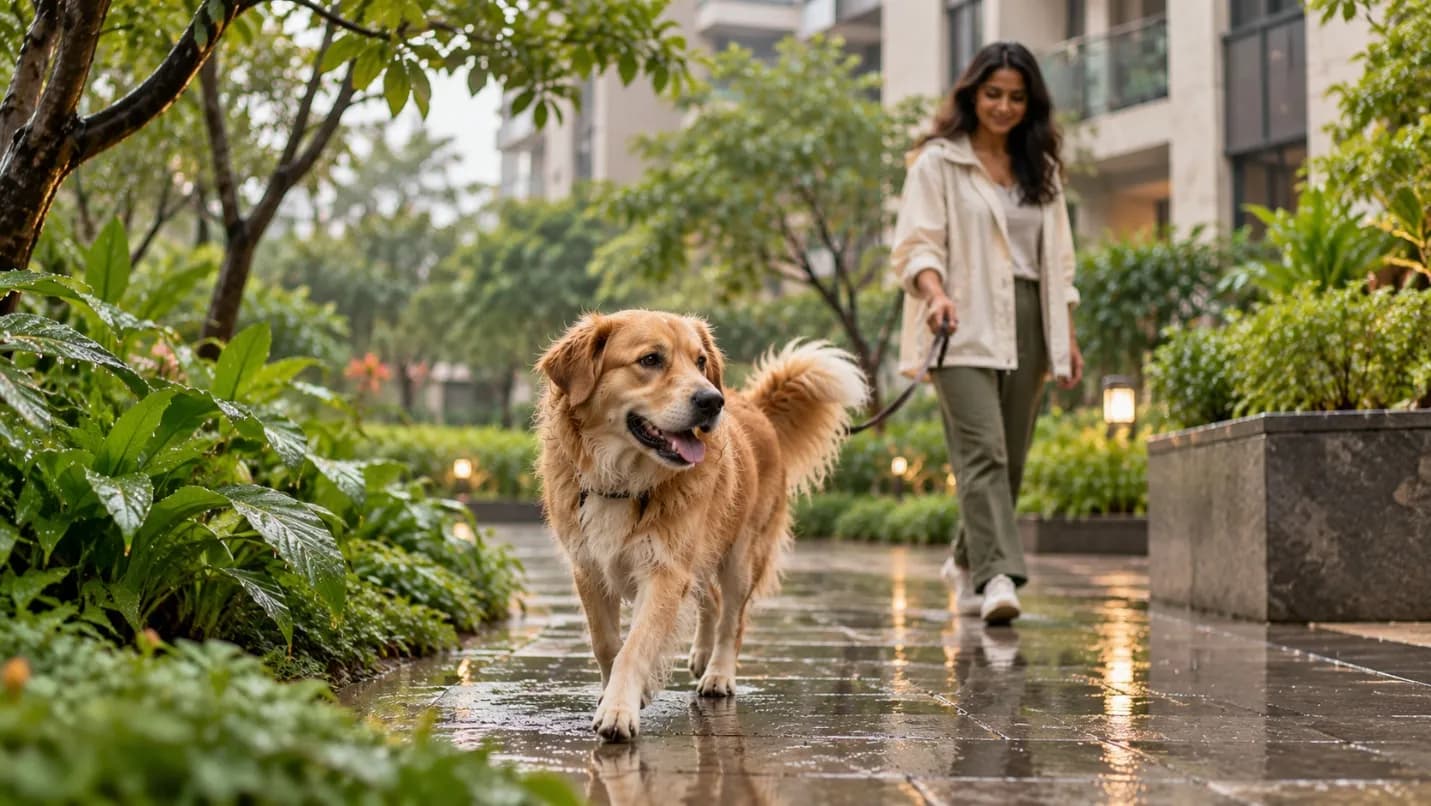 A golden retriever trotting along a wet garden path between lush plants, its owner walking behind