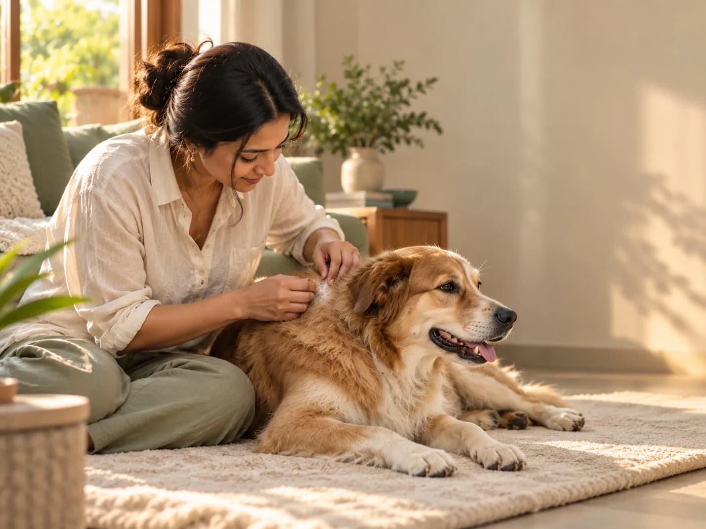 A woman parting her dog's coat to check the skin as it lies on a rug in a sunlit living room