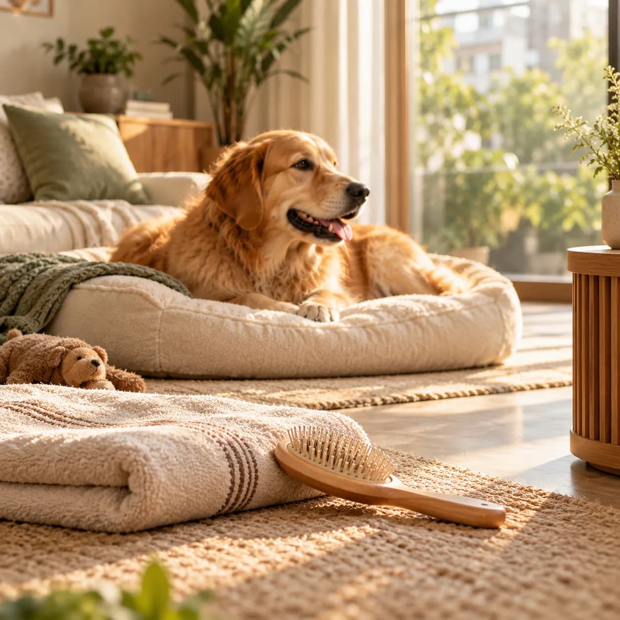 A golden retriever resting on a plush dog bed beside a folded towel and a wooden grooming brush