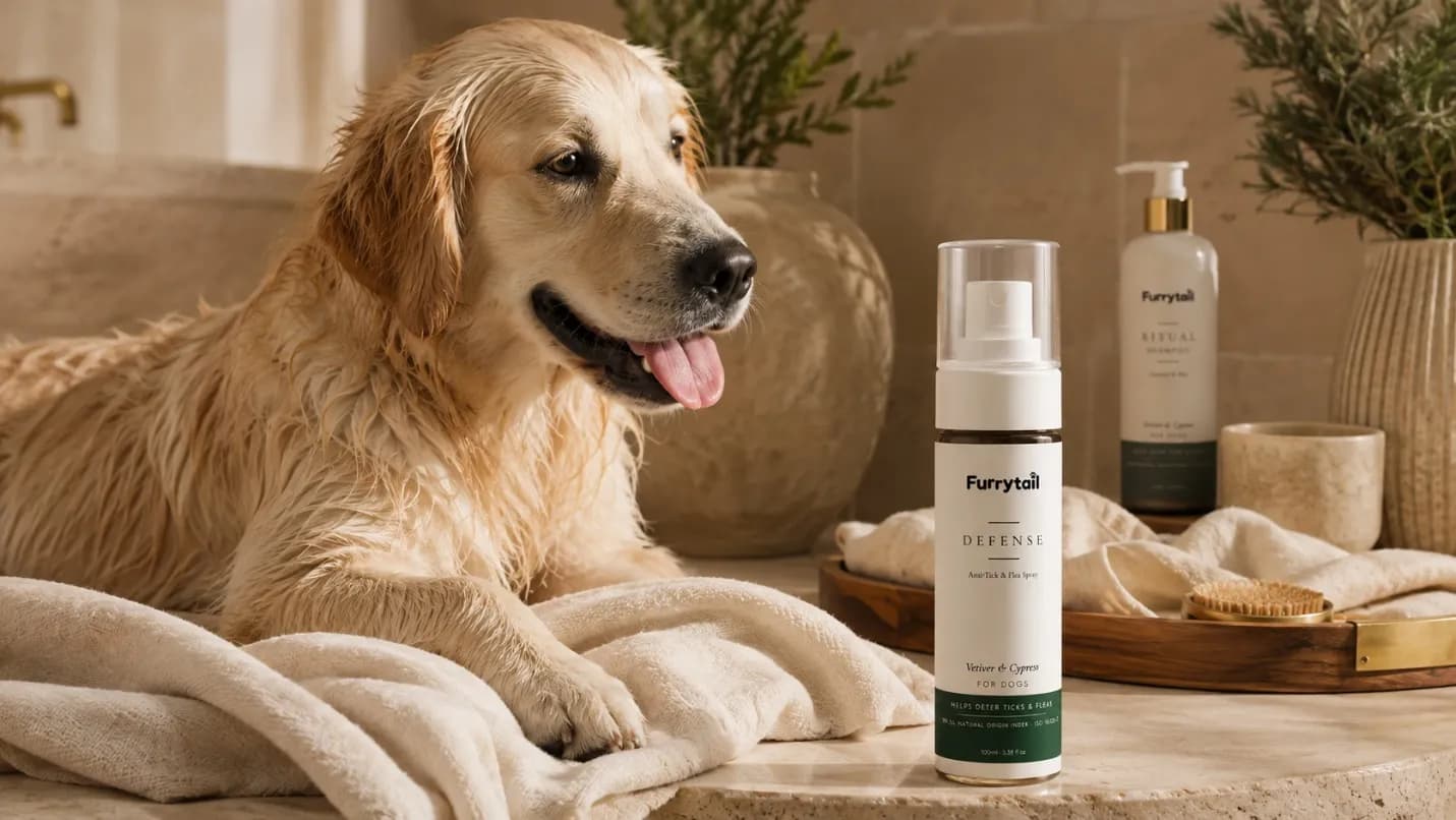 A golden retriever resting on a towel beside a bottle of Furrytail Defense Anti-Tick & Flea Spray