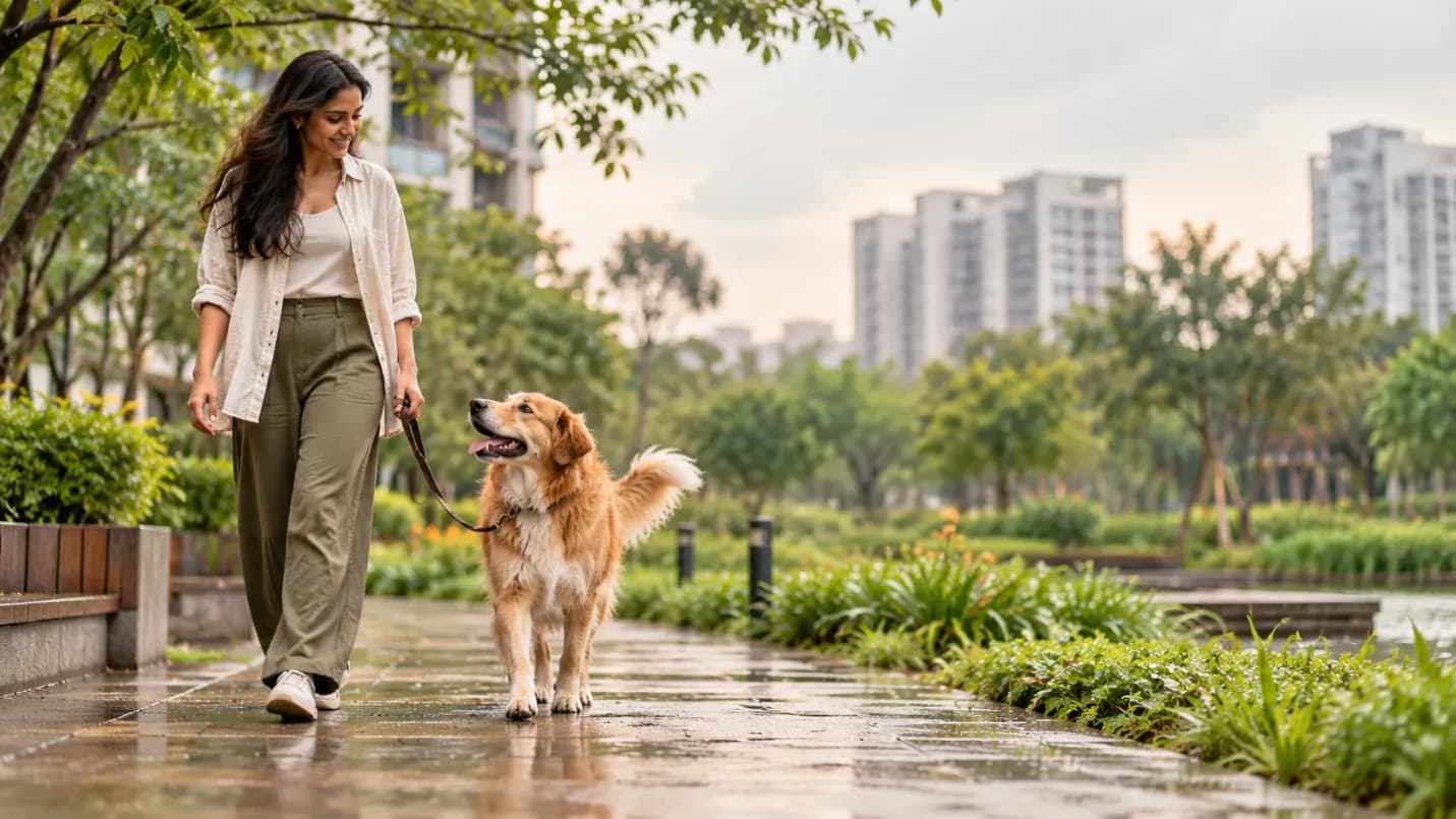 A woman walking her golden retriever along a rain-washed path through a green city park