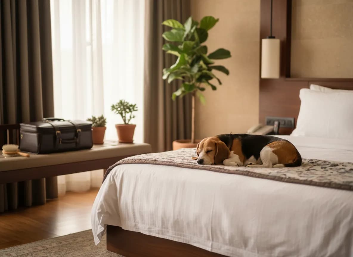 A clean beagle resting on its own blanket at the foot of a hotel bed
