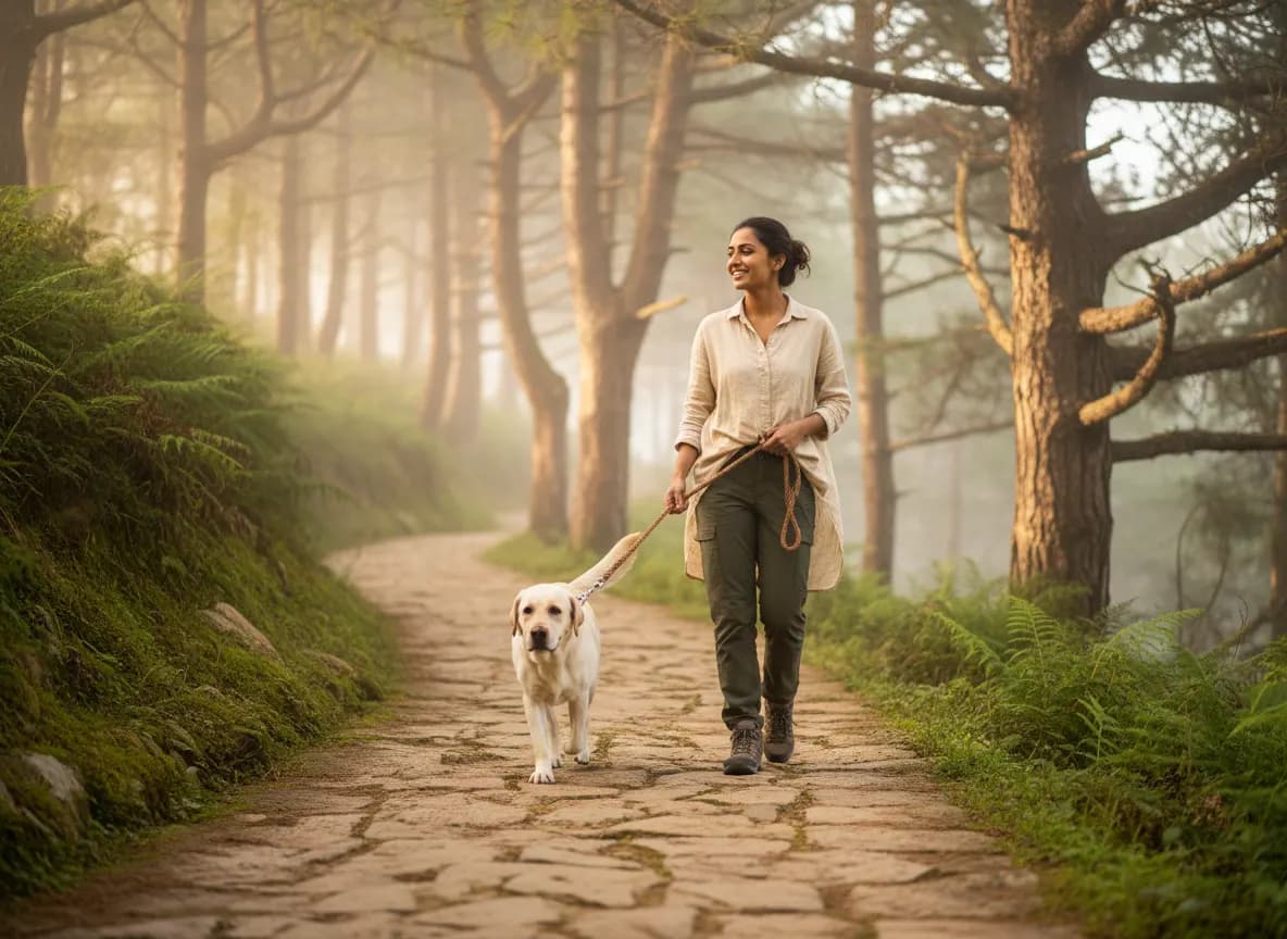 A woman walking her labrador on a misty pine-forest trail at a hill station