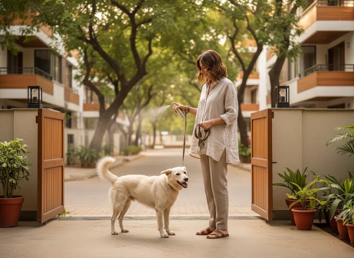 A woman at the gate with her dog on a lead, ready for a morning walk