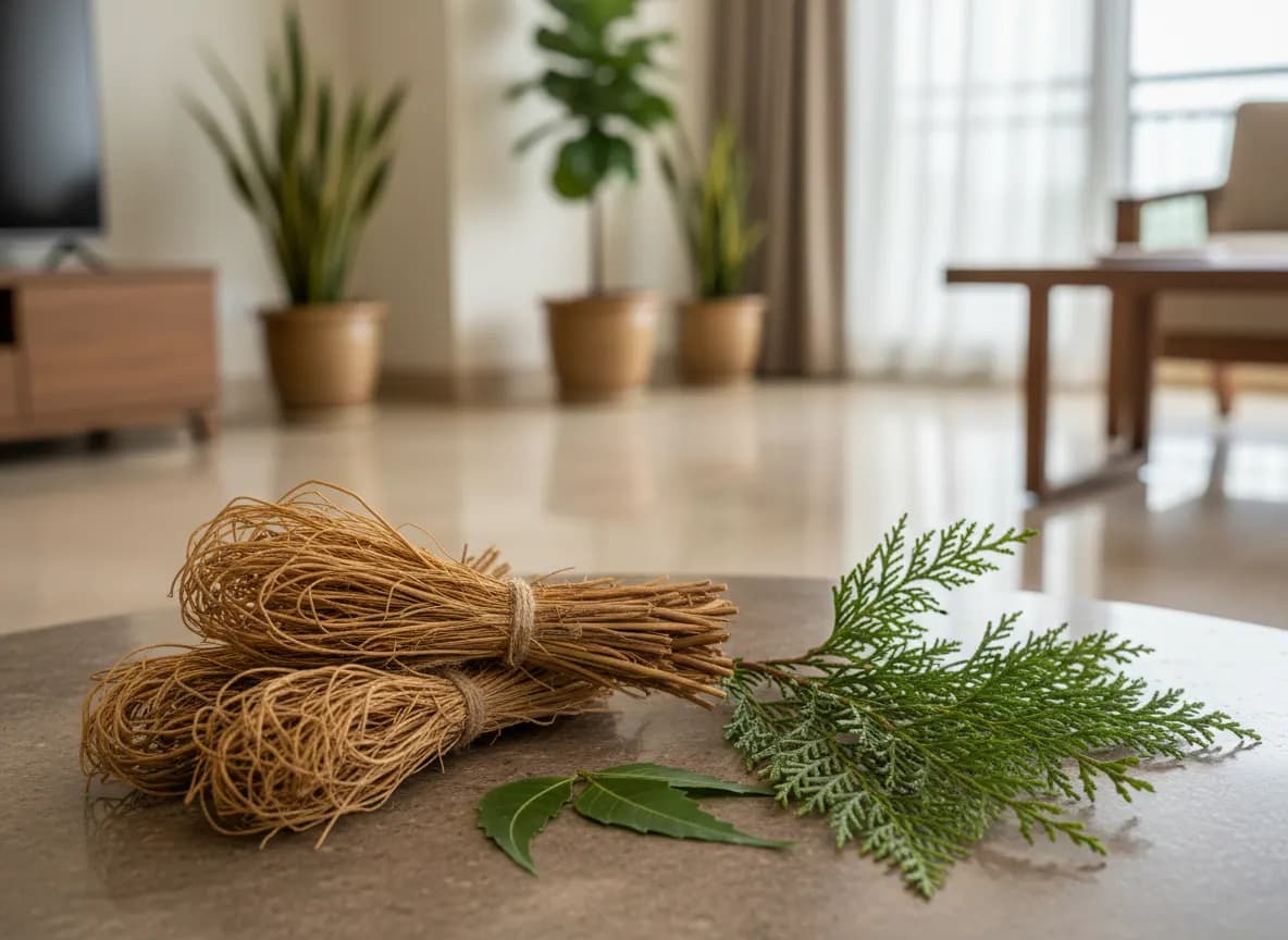 Bundles of dried vetiver (khus) roots beside sprigs of cypress leaves and neem on a stone surface