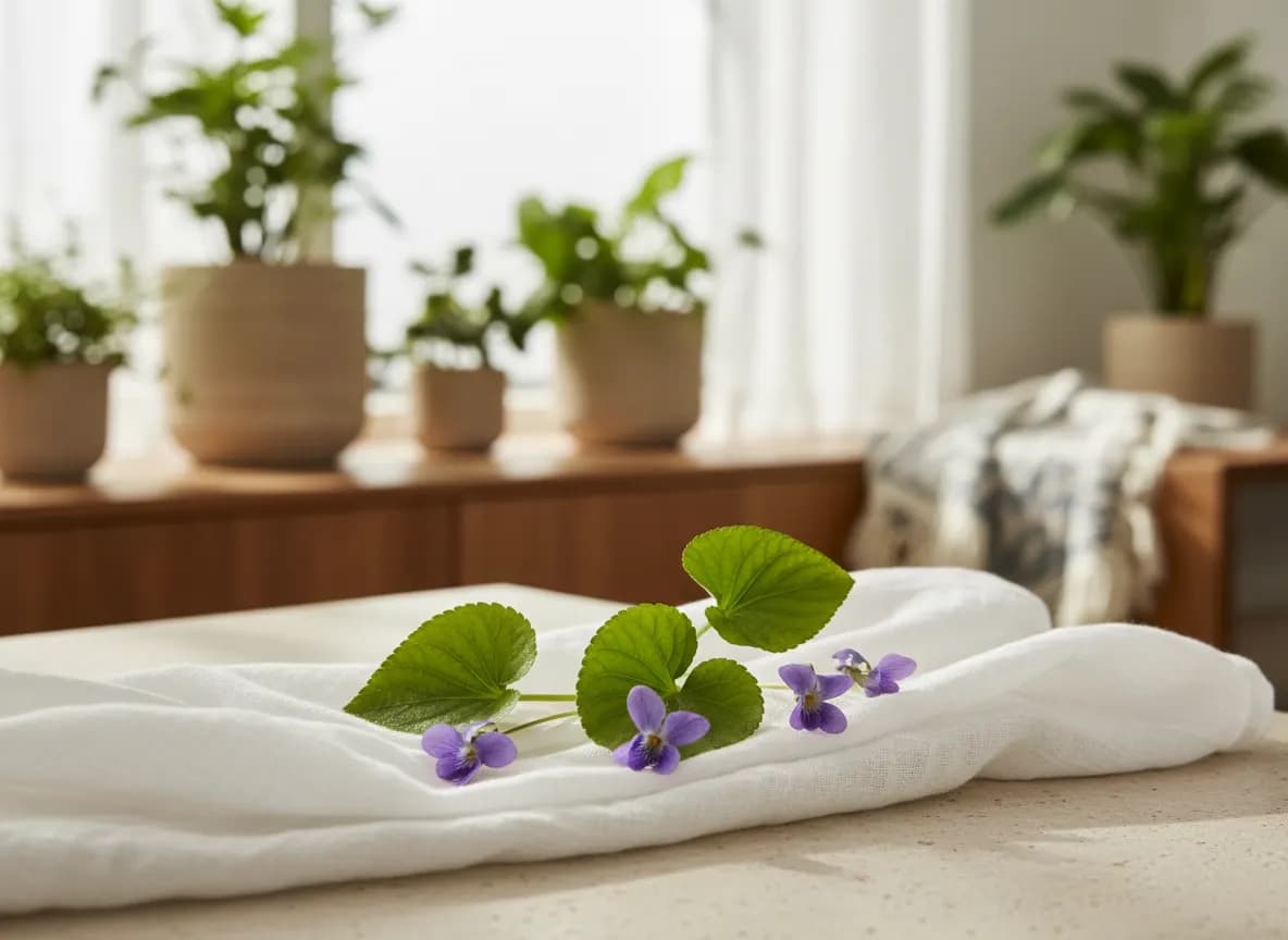Heart-shaped violet leaves and small purple violets resting on folded white muslin cloth