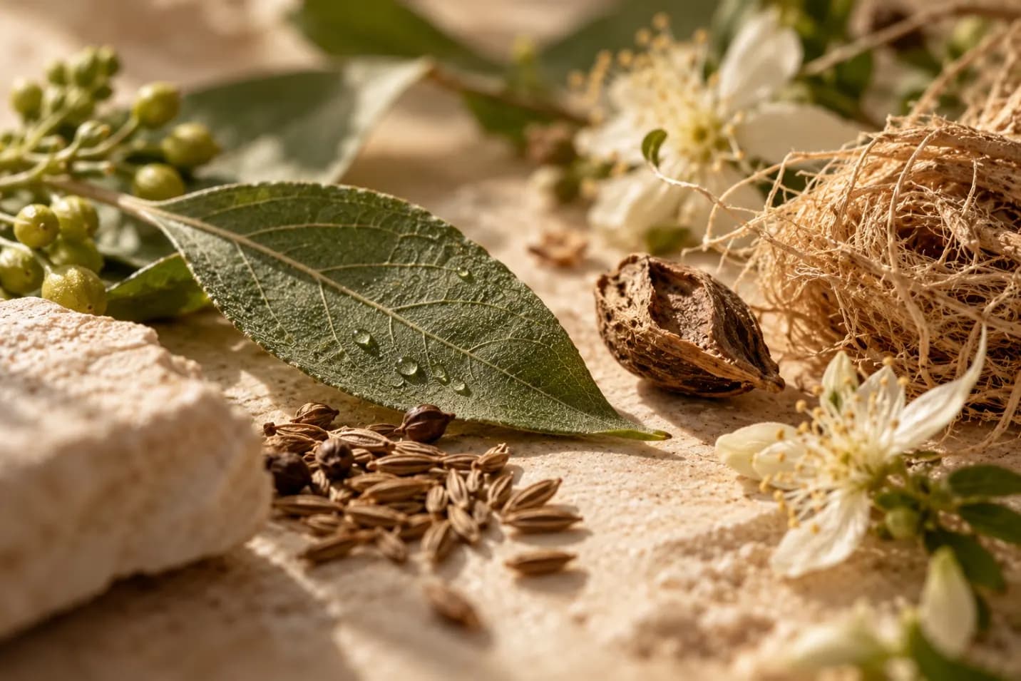 Close-up of raw botanical materials – a leaf with water droplets, seeds, a dried pod, roots and white flowers