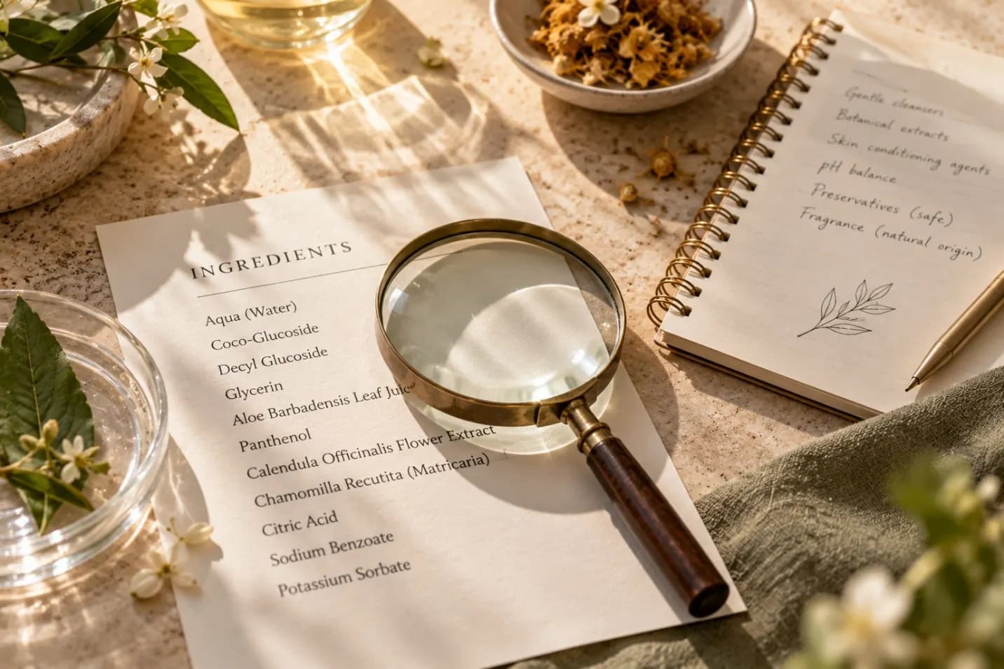 A magnifying glass over a printed shampoo ingredient list beside a notebook of formulation notes