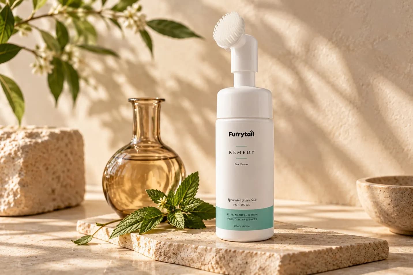 A Furrytail Remedy Paw Cleaner foam bottle labelled 99.5% natural origin, beside spearmint and an amber glass flask