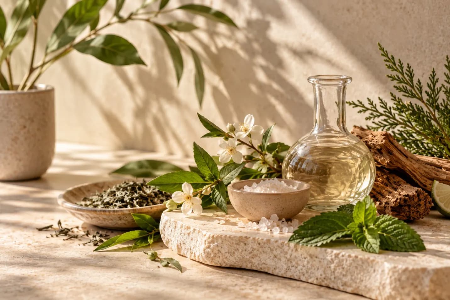 Botanical ingredients – green tea leaves, white blossoms, sea salt, mint, wood and a glass flask of oil – on a sunlit stone surface
