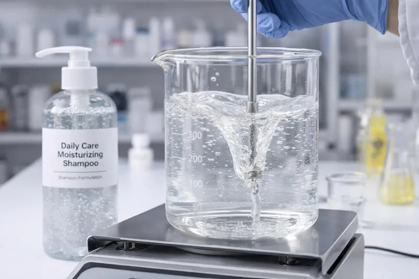 A gentle pet shampoo formulation being mixed in a glass beaker