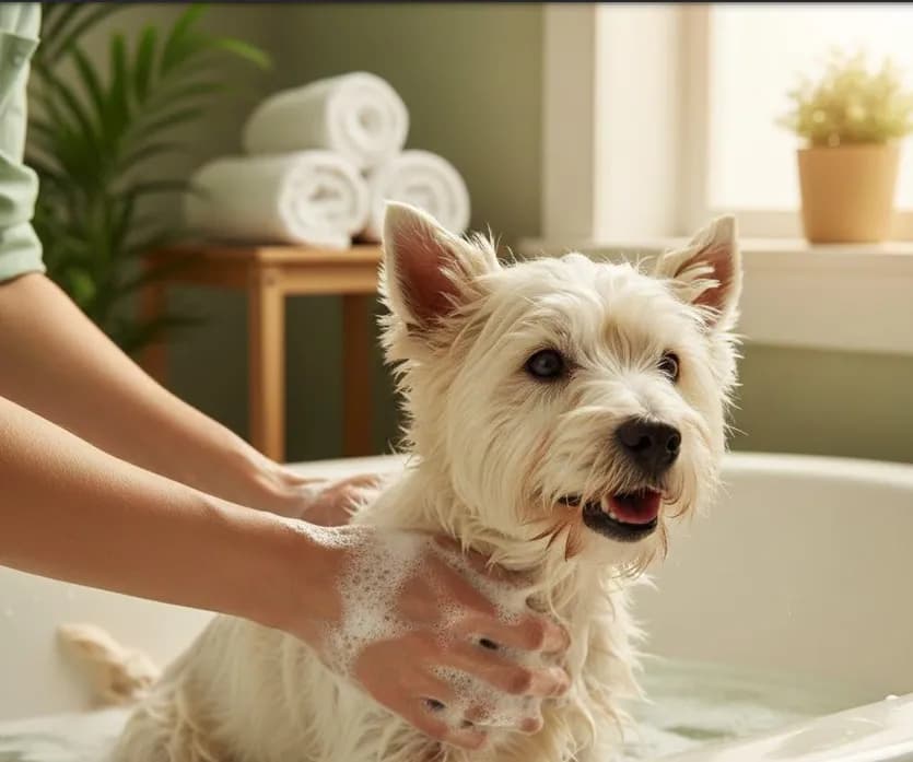 A dog being washed with a gentle, low-lather pet shampoo