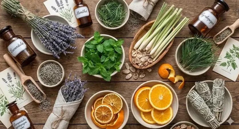 Fresh herbs and small bottles of essential oils used in pet shampoo fragrance