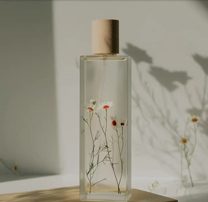 A clear glass bottle holding a single botanical flower, representing natural shampoo ingredients