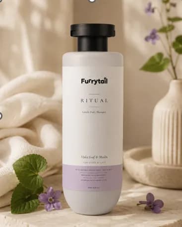 Pet shampoo bottle beside an open ingredient label and grooming essentials