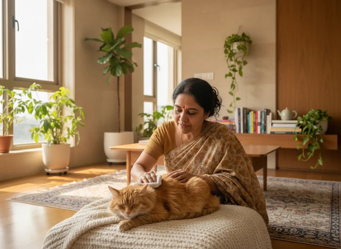 A woman gently wiping an older cat’s coat with a soft damp cloth