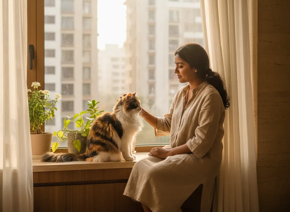 A long-haired cat sitting on a windowsill while its owner gently checks its coat