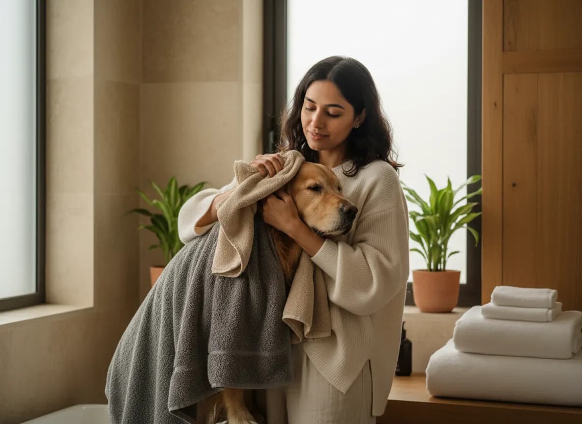A woman gently towel-drying a dog after a lukewarm bath in a warm bathroom