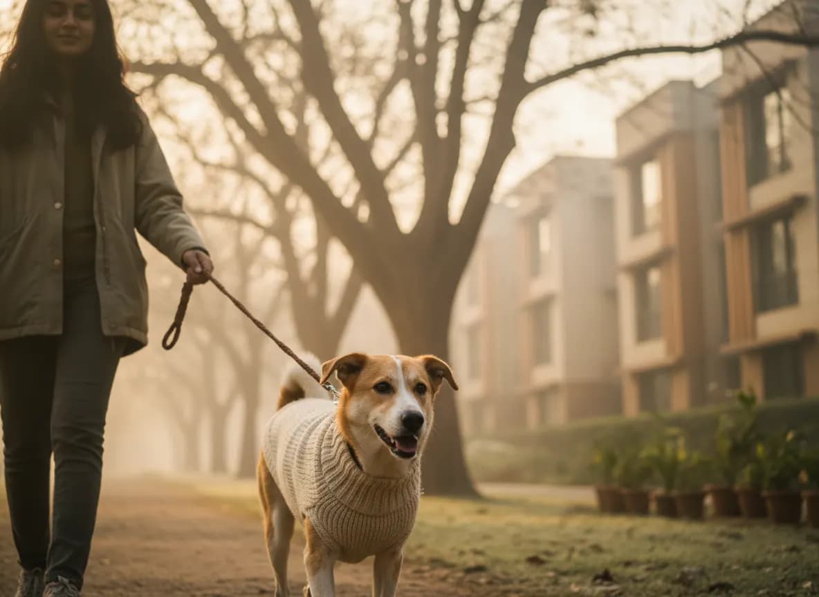 An indie dog in a knitted sweater on a misty winter morning walk in a Delhi park