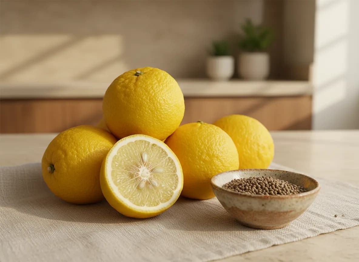 Bright yellow yuzu fruits, one cut open, beside a small dish of ambrette seeds on a pale linen cloth