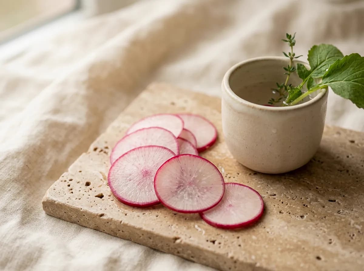 Sliced radish root next to a minimalist ceramic vessel