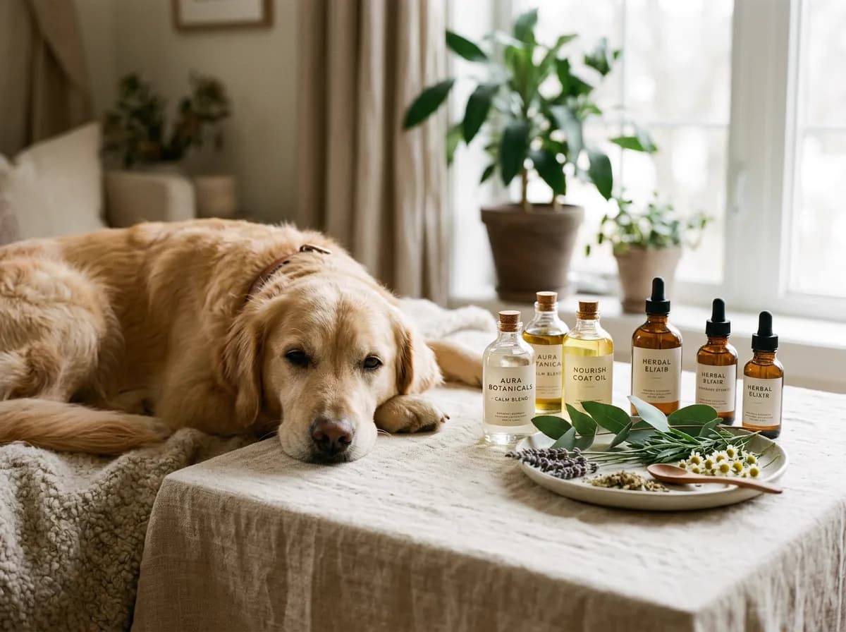 Calm golden retriever resting peacefully beside natural botanical extracts