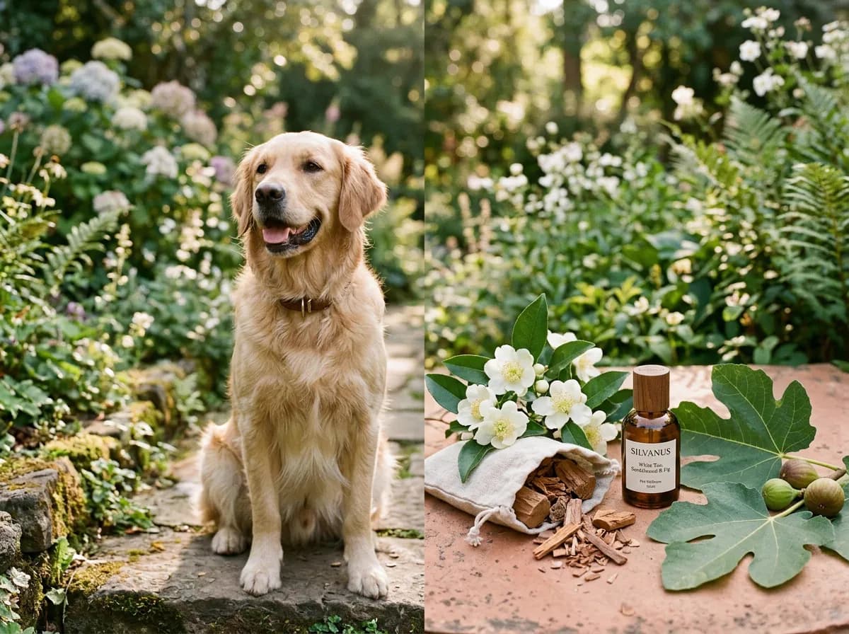Botanical fine fragrance ingredients beside a happy dog in a quiet garden setting