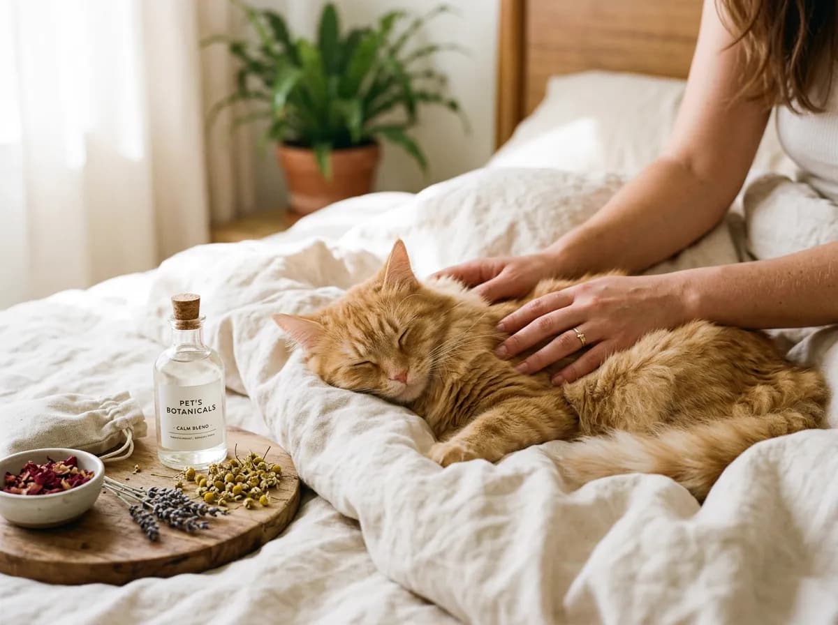Caring human hands gently stroking a fluffy cat resting on clean linen