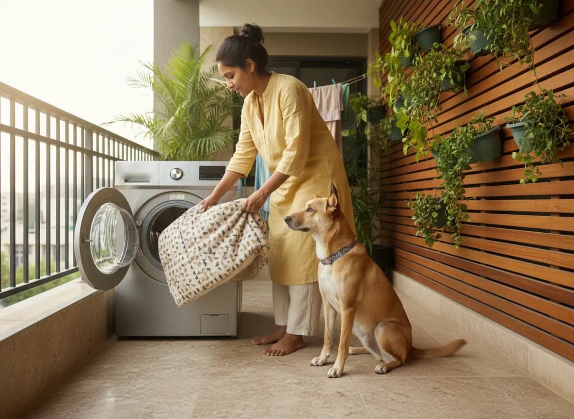 A woman taking a washed dog bed cover out of the washing machine while her dog watches