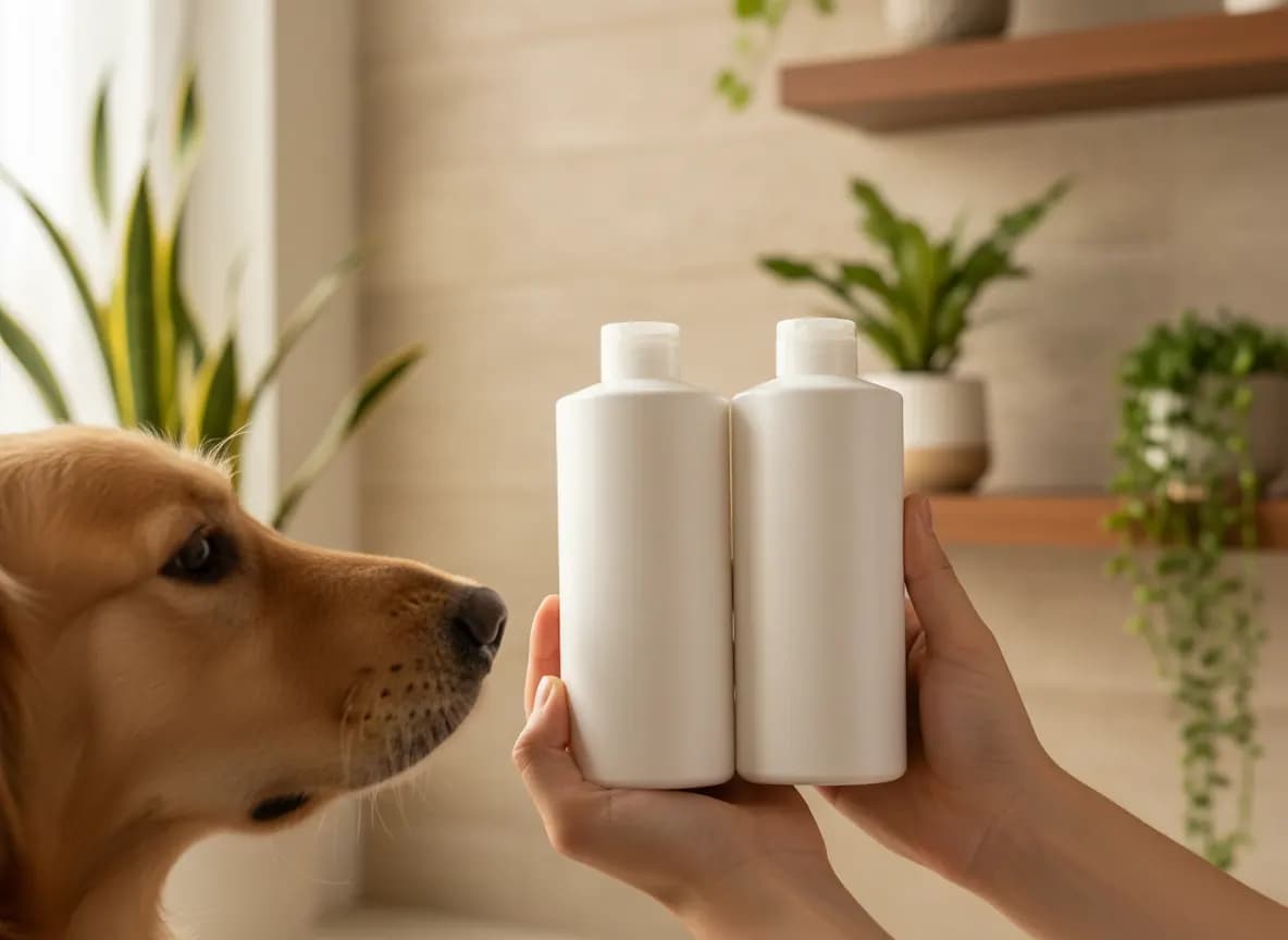 Hands comparing two shampoo bottles side by side with a dog nearby