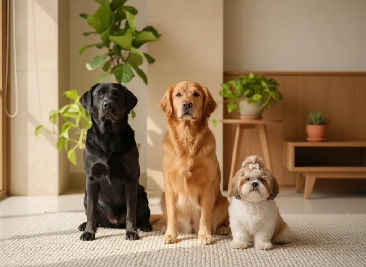 A golden retriever, a black labrador and a Shih Tzu sitting together on a rug