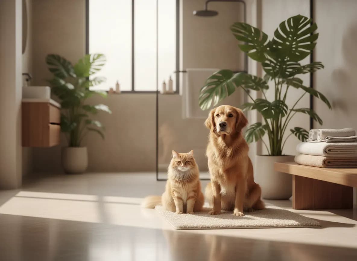 A dog and a cat sitting side by side on a bathroom mat beside folded towels