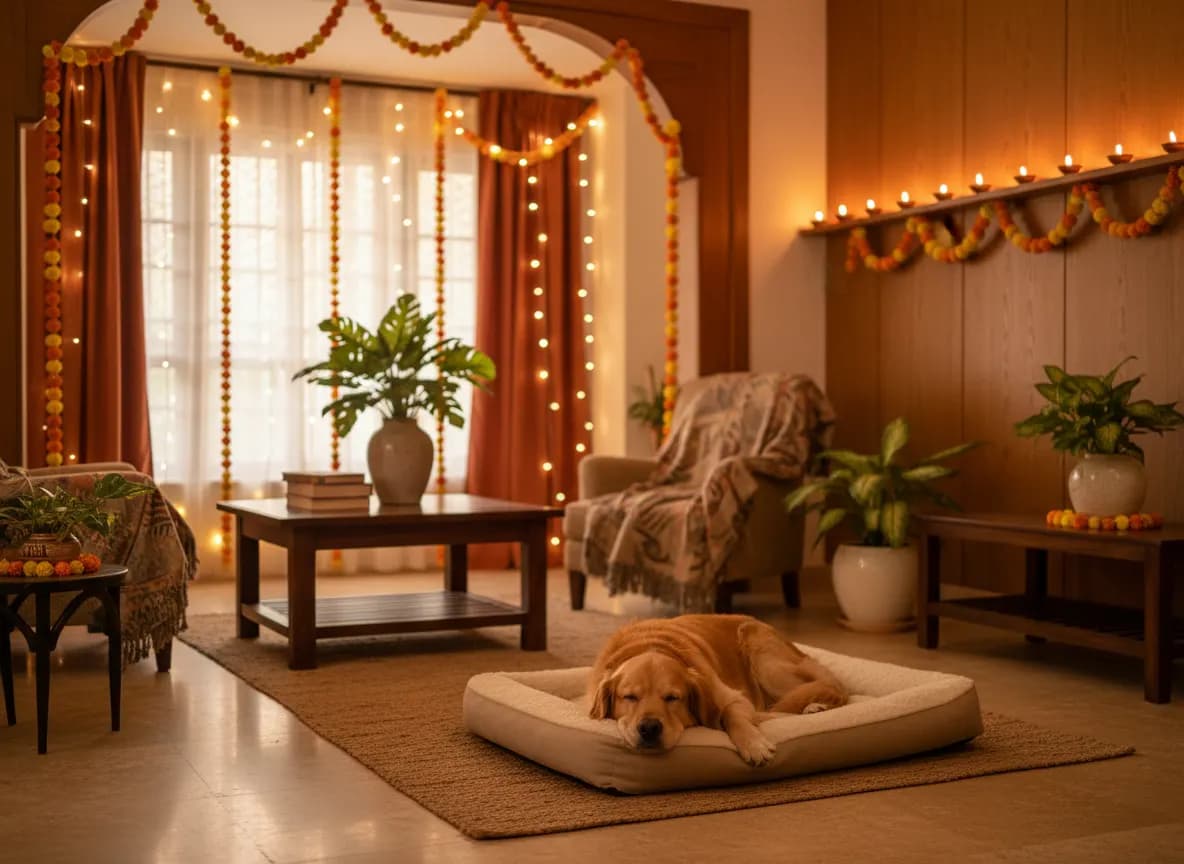 A golden retriever asleep on its bed in a living room decorated for Diwali, with lit diyas on a high shelf out of reach