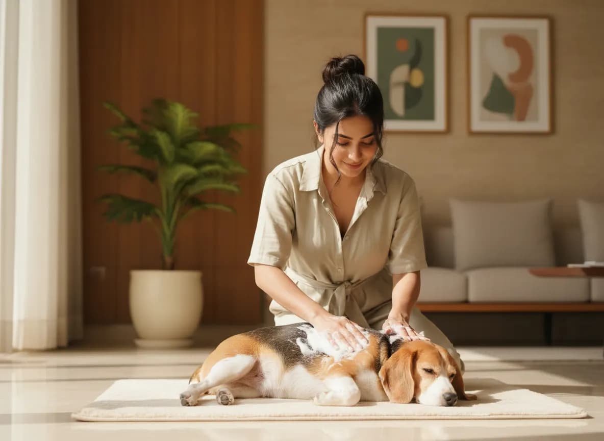 A woman massaging a light foam into a relaxed beagle’s dry coat on a mat in a living room
