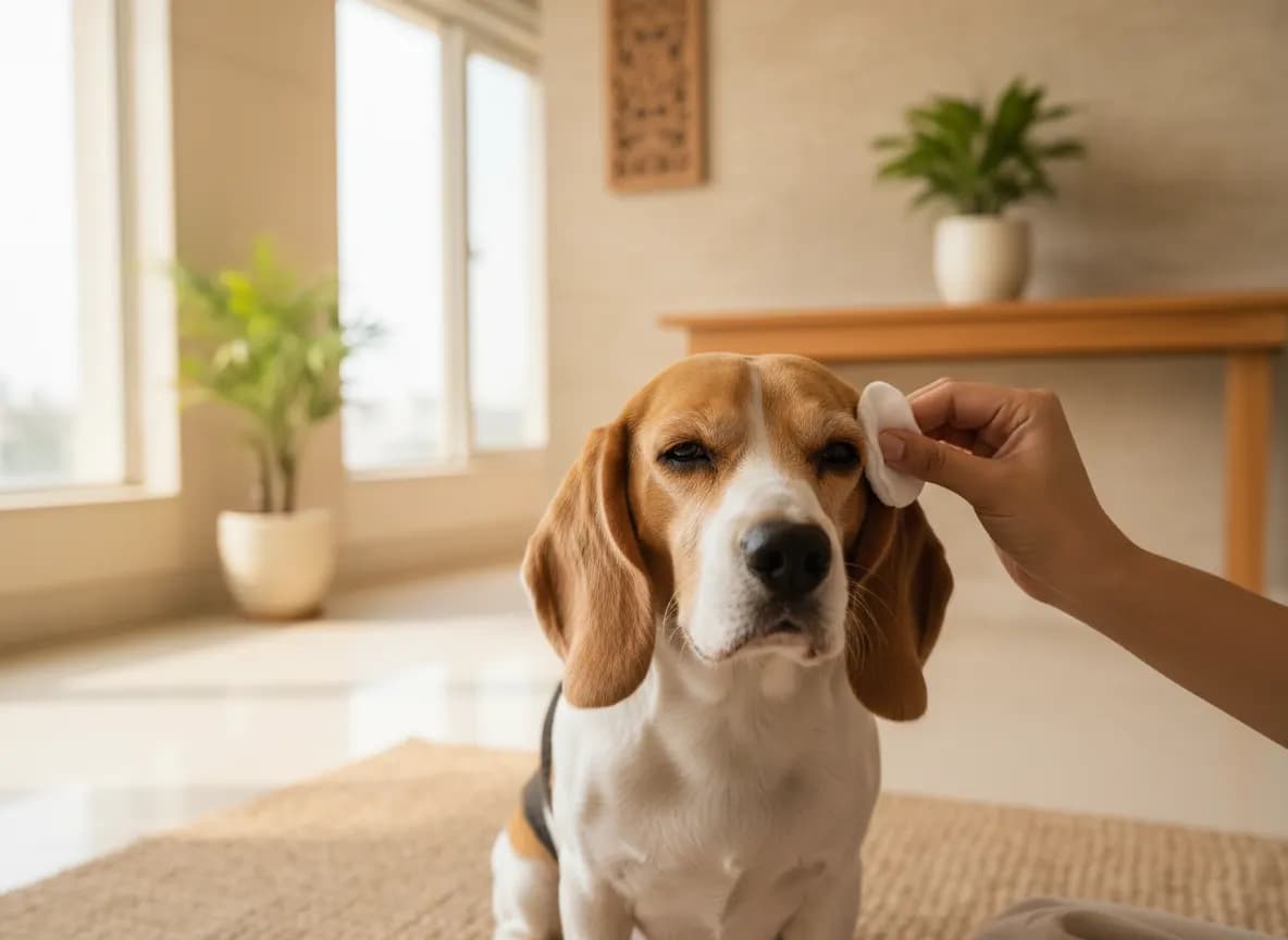 A woman gently wiping the outer ear of a beagle with a soft cotton pad