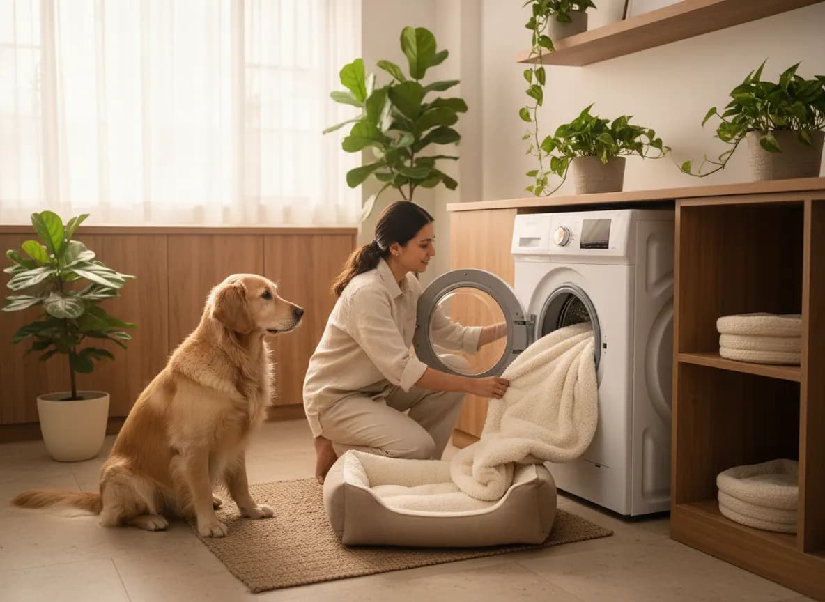 Loading a cream dog blanket into a washing machine while the dog watches