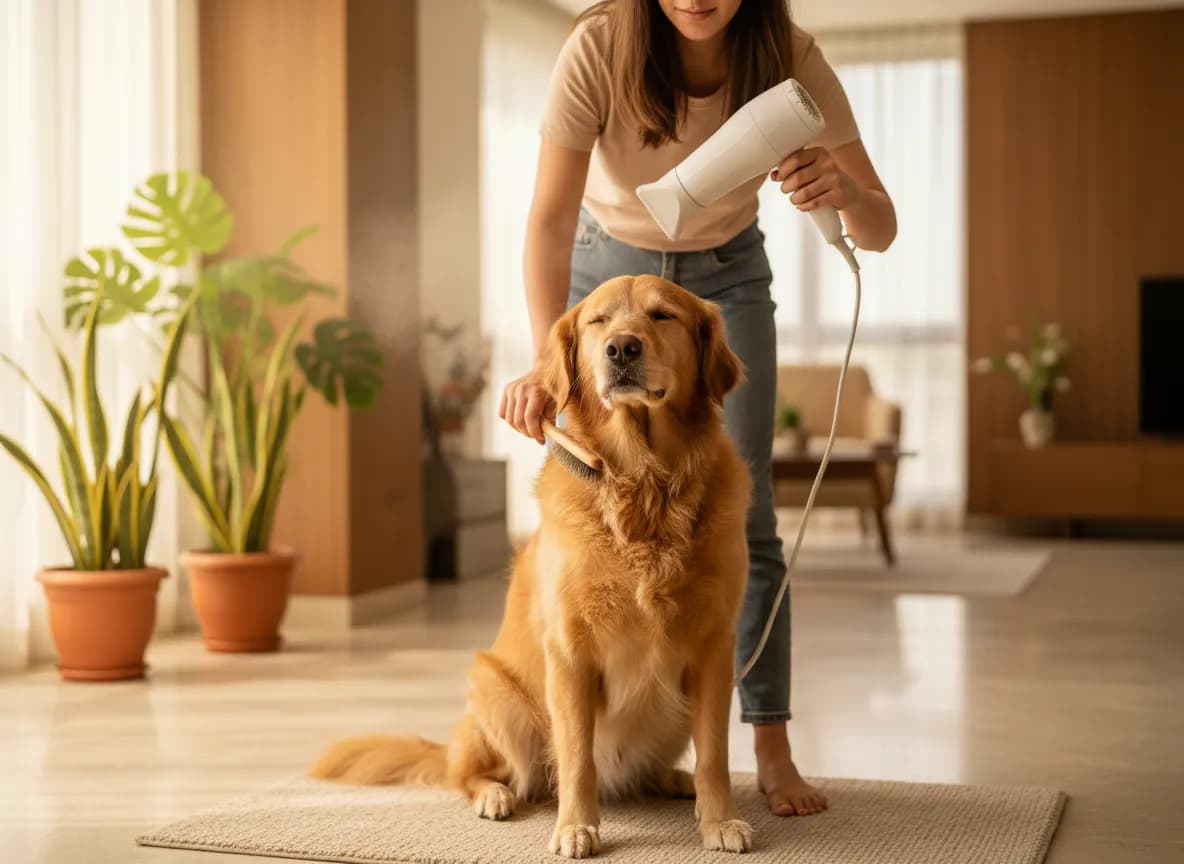 A woman holding a dryer well away from her golden dog’s coat