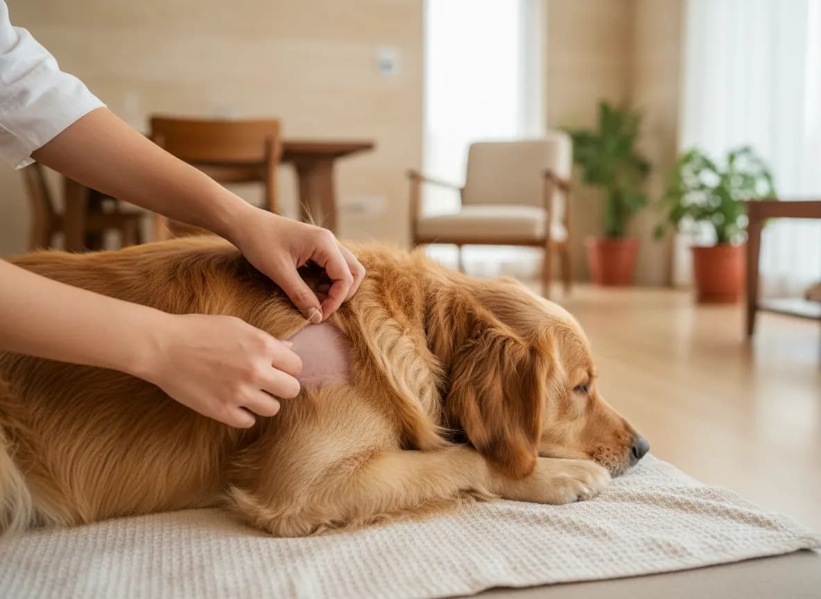 Hands gently parting a golden retriever's thick coat to check the skin underneath