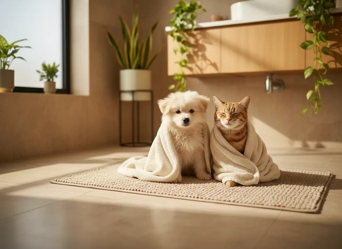 A fluffy puppy and a tabby cat each wrapped in a cream towel after a bath