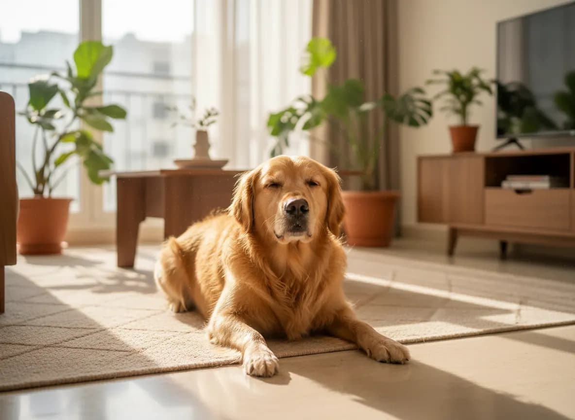 A freshly bathed golden retriever resting on a woven rug in a sunlit living room