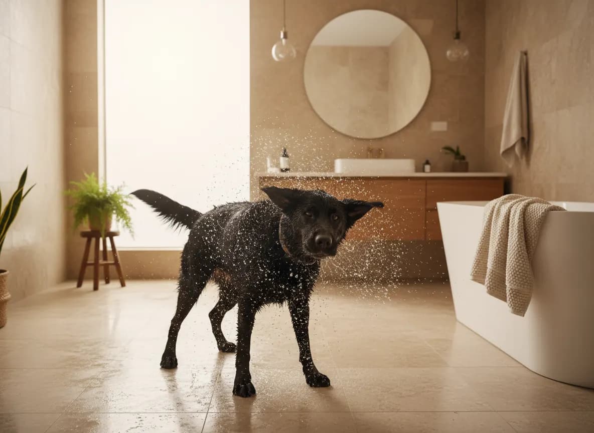 A wet black Labrador shaking off water in a bright bathroom, with a towel ready