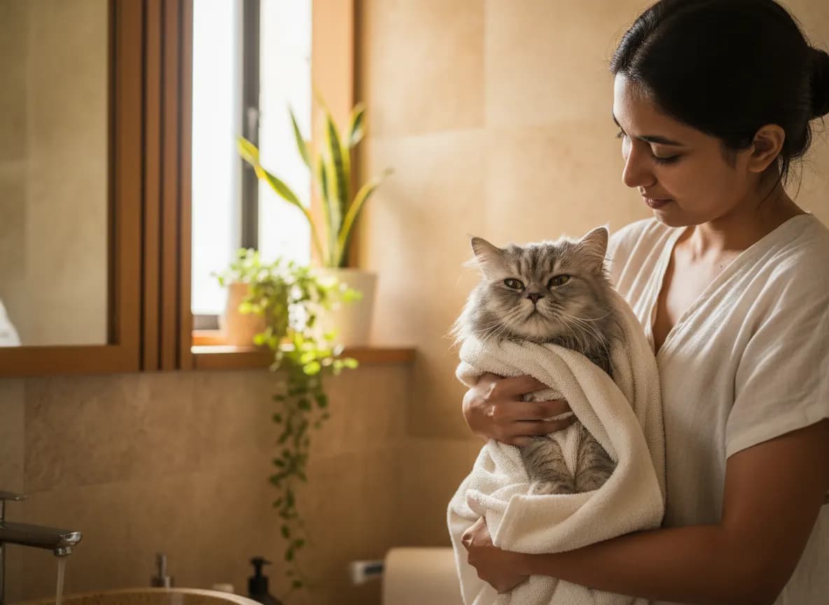 A woman wrapping a grey Persian cat in a soft towel after a bath