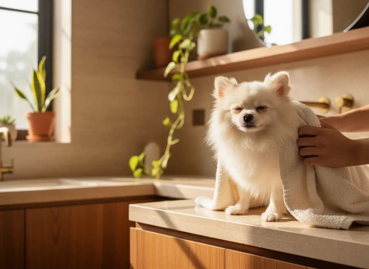A small white Pomeranian being dried with a soft towel on a bathroom counter