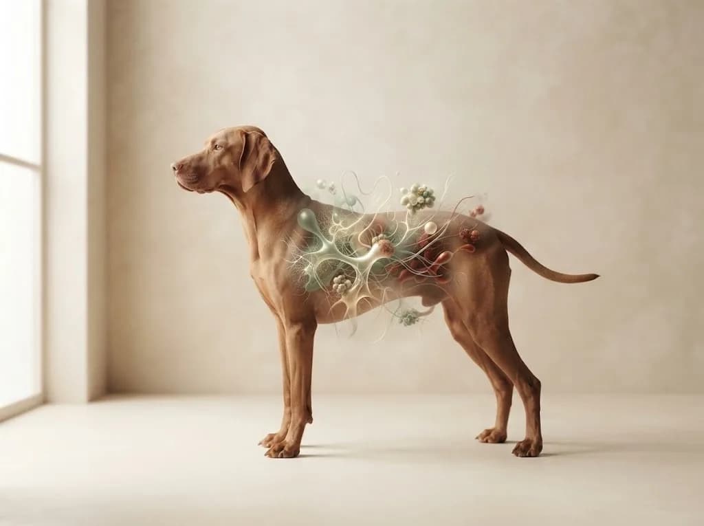 Illustration of a dog in profile with its internal microbial community rendered as a soft translucent bloom