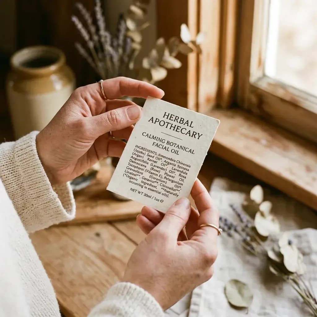 A person reading the ingredient list printed on a botanical skincare label