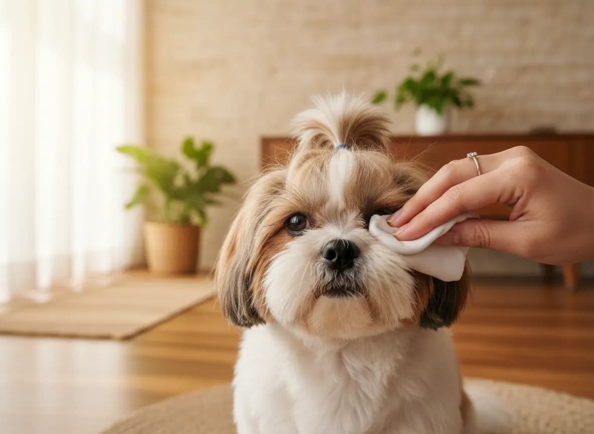 A Shih Tzu with a top-knot having the area around its eyes wiped with a soft damp cloth