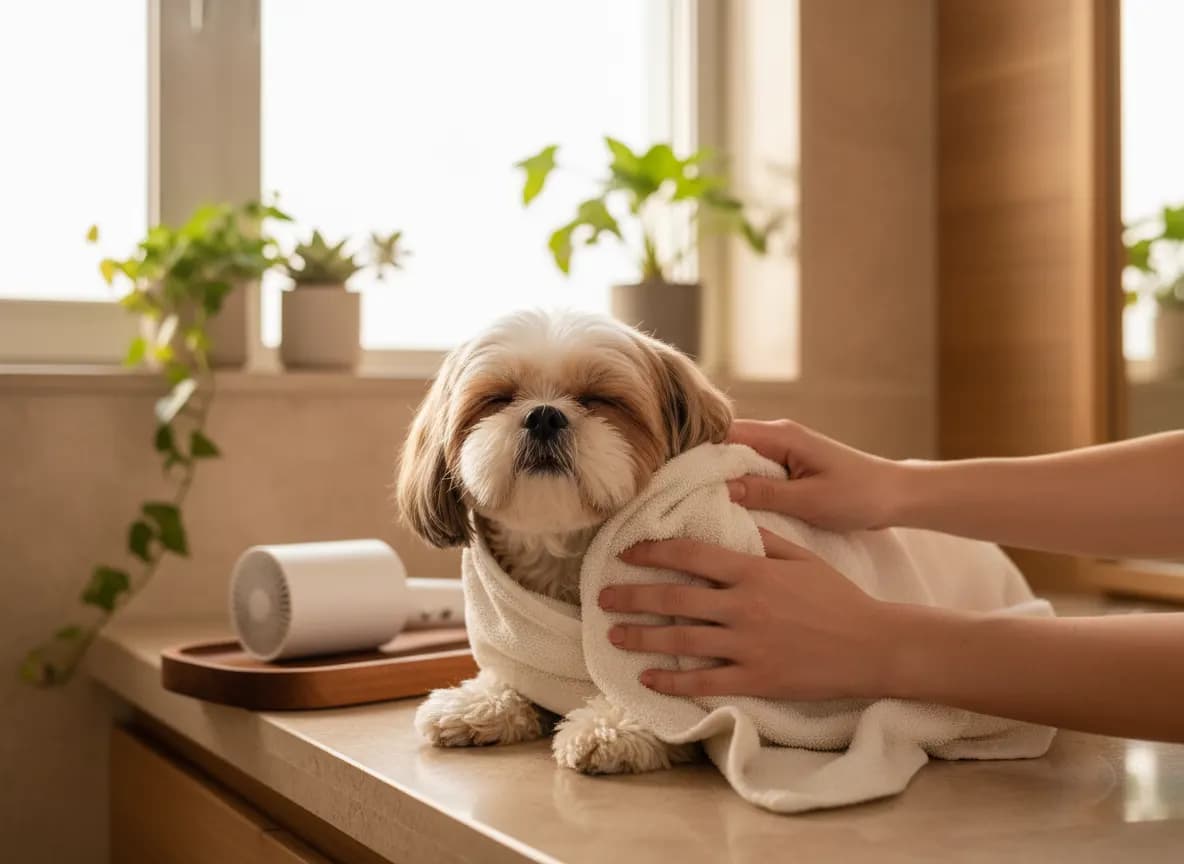 A Shih Tzu being towel-dried after a bath with a small pet dryer nearby